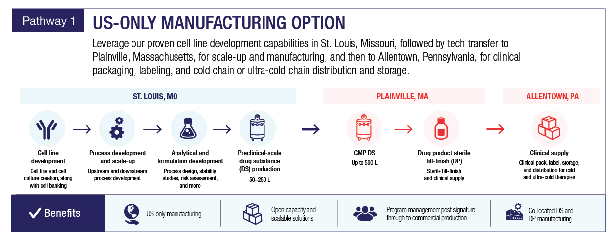 US and global biologics manufacturing pathways from cell line development through clinical supply services.